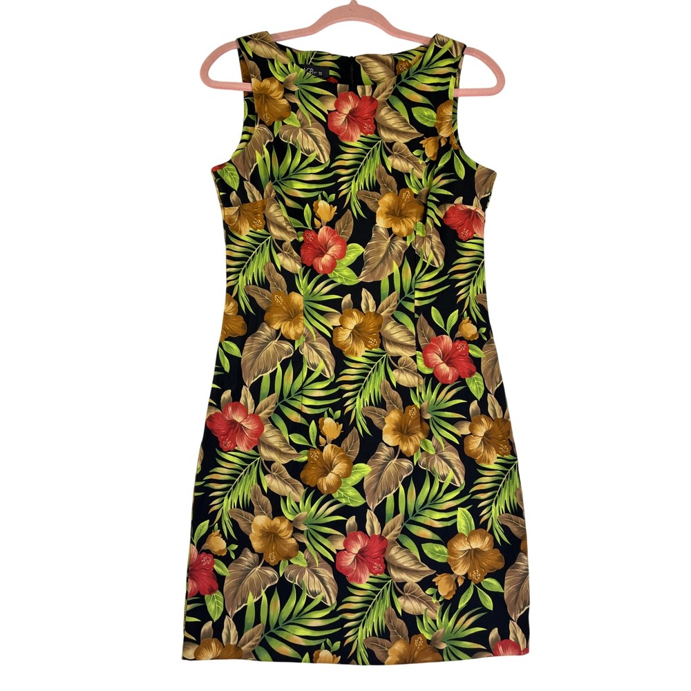 AGB Dress Womens 6 Tropical Floral Hibiscus Sleeveless Sheath Dress Black Summer